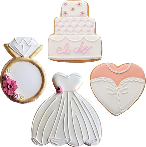 Wedding Cookie Cutters 4-Pc. Set Made in USA by Ann Clark, Wedding Dress, Wedding Cake, Diamond Ring, Heart...
