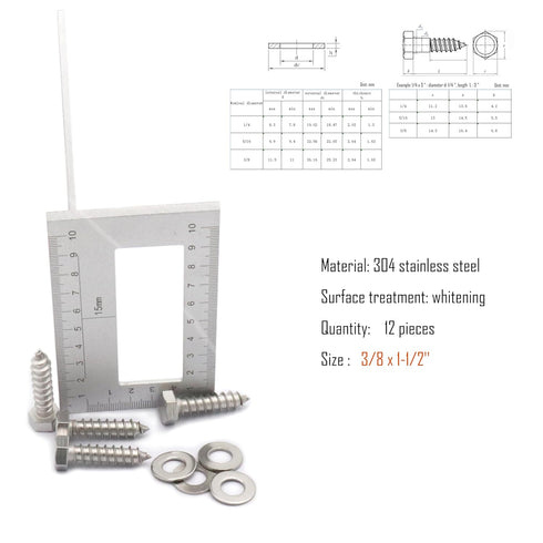 12pcs Hex Head Lag Screws, 3/8" x 1-1/2" Hexagon Head Wood Screws (Fully Threaded), 304 Stainless Steel Lag Bolts, Silvery...