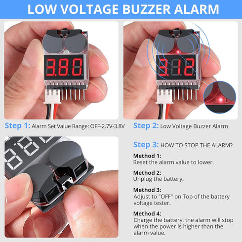 CAMWAY 5PCS 2in1 1-8s Lipo Battery Voltage Tester,RC Low Voltage Buzzer Alarm,Battery Monitor Checker Tester for 1-8s Lipo/Li-ion/LiMn/Li-Fe...