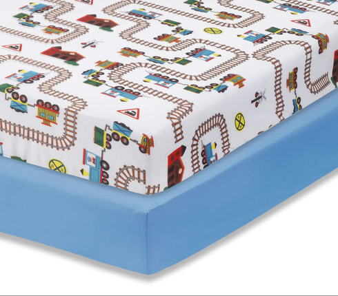 Everyday Kids 2 Pack Fitted Boys Crib Sheet, 100% Soft Breathable Sheet, Fits Standard Size Crib Mattress 28in x 52in, Nursery Sheet - Train/Light...