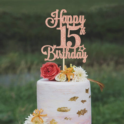 Happy 15th Birthday Cake Topper, Cheers to 15 Years, Hello 15, 15th Birthday Anniversary Party Decorations Rose Gold Glitter....