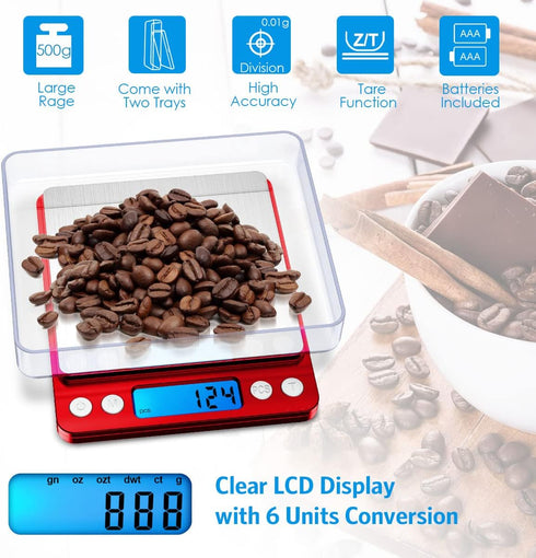 AMIR Digital Kitchen Scale, 500g/ 0.01g Mini Pocket Jewelry Scale, 100g Calibration Weight, Cooking Food Scale with Back-Lit LCD Display, 2 Trays,...