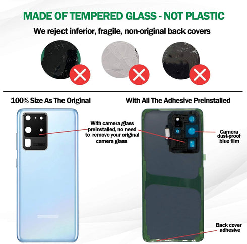 Galaxy S20 Ultra Replacement Back Glass Panel Case with Pre-Installed Camera Lens + All The Adhesive + Repair Tool Kit for Samsung Galaxy S20 Ultr...