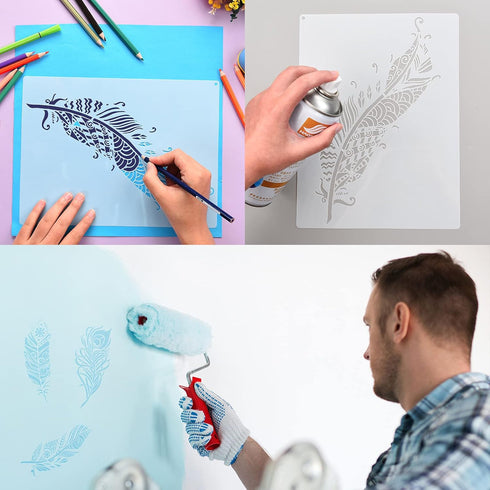 6 Pieces Decorative Mandala Feather Stencil Reusable Mandala Painting Templates Beautiful Stencils for Painting Metal Open Ring for Painting on Wo...