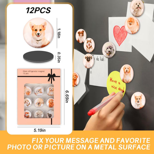 Glass Strong Animals Refrigerator Magnets,12 Pcs Decorative Magnets for Fridge Lovely Decor for Home Kitchen Office Whiteboard (Dog Refrigerator M...