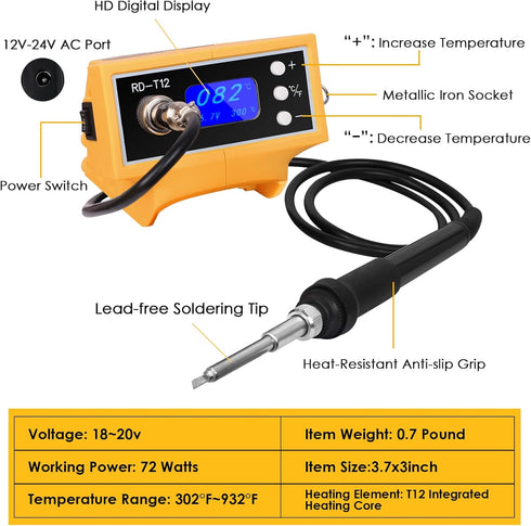 Cordless Soldering Iron Station compatible w/Dewalt 20V Max Battery (NOT Included) with Digital Display, Auto-Sleep, °C/°F Conversion, Welding Too...