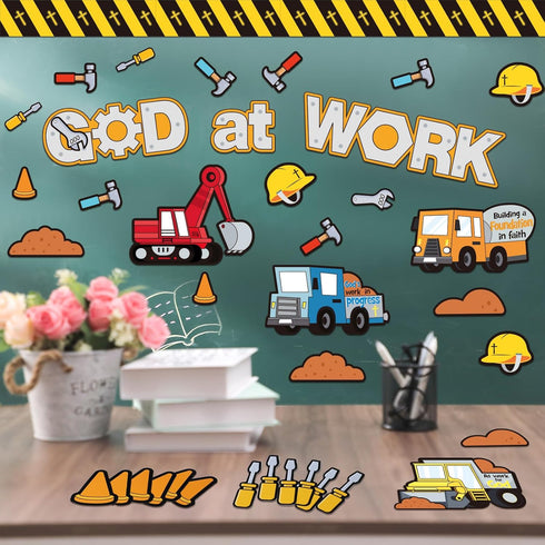 Fulmoon 79 Pcs God at Work Construction Bulletin Board Set Christian Under Construction Decorations Religious Construction Cutouts for Preschool E...