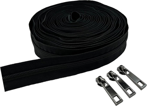 Goyunwell Black Zipper Tape by The Yard #5 with 10 Yards Black Nylon Coil Zippers for Sewing Purse and Bag 20pcs Gunmetal Zipper Pulls...