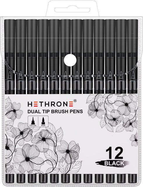 Hethrone Black Markers for Drawing - Brush Pens with Felt Tips for Artists - Calligraphy Pens, 12 Pack...