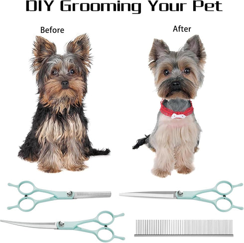 Professional Dog Grooming Scissors Set, 5 in 1 Dog Grooming Scissors Kit, Curved Dog Scissors Pet Thinning Shears, Pet Grooming Supplies, Blue...