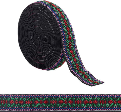 BENECREAT 5 Yards Elastic Woven Jacquard Ribbon, Floral Pattern Boho Jacquard Elastic Band 1" Ethnic Ribbon Sewing Embroidered Woven Ribbon for DI...