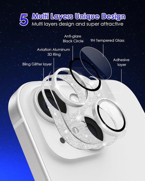 for iPhone 15 Plus/iPhone 15 Camera Lens Protector Glitter Plus Aluminium Alloy Ring 9H Tempered Glass Screen Case Friendly Camera Cover for iPhon...