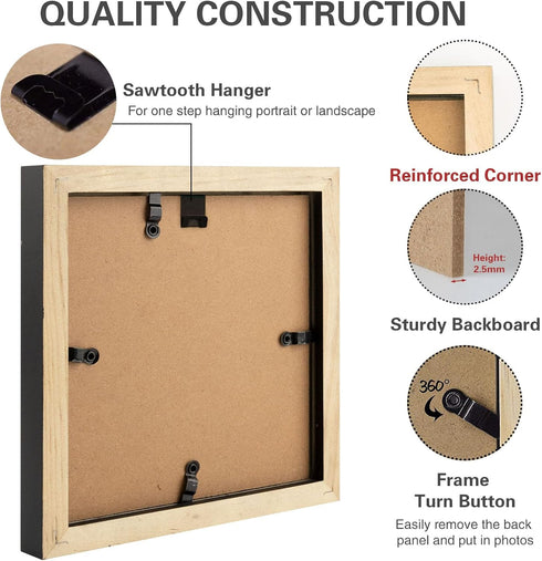 Golden State Art, 6x6 Square Picture Frame - Solid Wood with Real Glass - Display Picture 4x4 with Mat or 6x6 without Mat - Black Photo Frame for ...