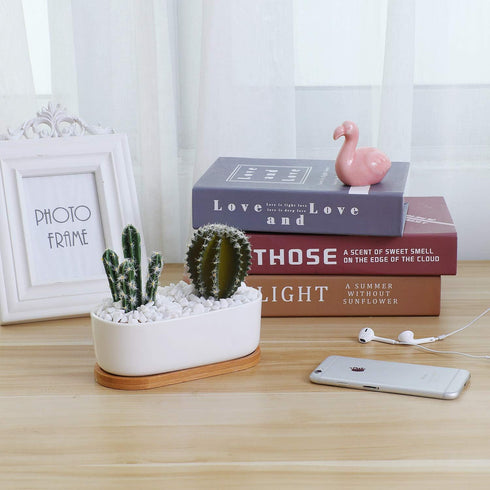 T4U 6.5 Inch Ceramic White Modern Oval Design Succulent Plant Pot/Cactus Plant Pot with Free Bamboo Tray...