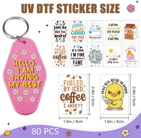 UV DTF Wrap Stickers - 80 Sheets Funny UV DTF Stickers for Motel Keychain, Humorous UVDTF Wraps, Duck Waterproof Rub on Transfer Decals for Hotel ...