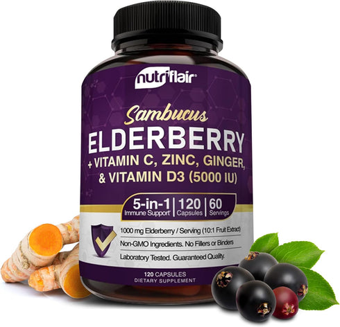 NutriFlair Sambucus Elderberry, 120 Veggie Capsules - 5 in 1 Immune Support and Antioxidant Supplement with Vitamin C, Vitamin D3 5000 IU, Zinc, G...