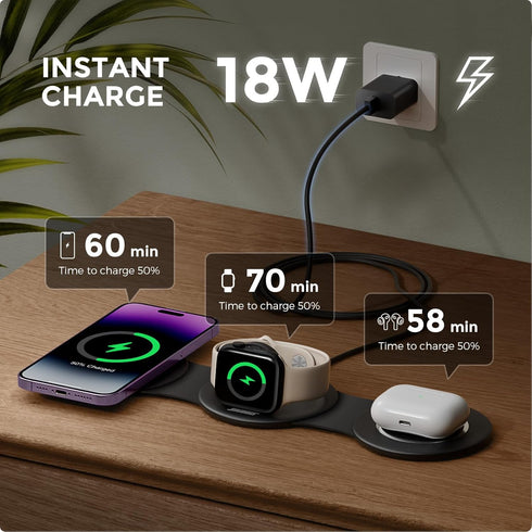 3 in 1 Charging Station for Apple Multiple Devices, Foldable Travel Wireless Charger 18W for iPhone 15 14 13 Pro Max Plus &Apple Watch Series/Airp...