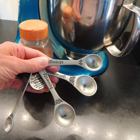 Amazing Woman Measuring Spoon Set, Decorative Gifts and Kitchen Accessories, 4 Spoons, Engraved Pewter and Silver Enamel, By Abbey & CA Gift...