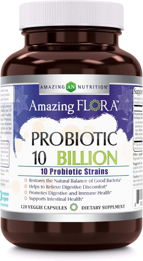 Amazing Flora Probiotic 10 Best Probiotics Strains, Veggie Capsules -Including Acidophilus, plantarum, rhamnosus etc * Supports Digestive & Immune...