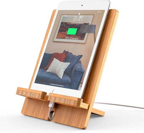 Pezin & Hulin Bamboo Tablet Stand Adjustable, Desktop Cell Phone Stand Holder Dock Compatible with Pad 9.7, 10.5, 12.9, Air 2 3 4 Mini, Kindle, Ph...