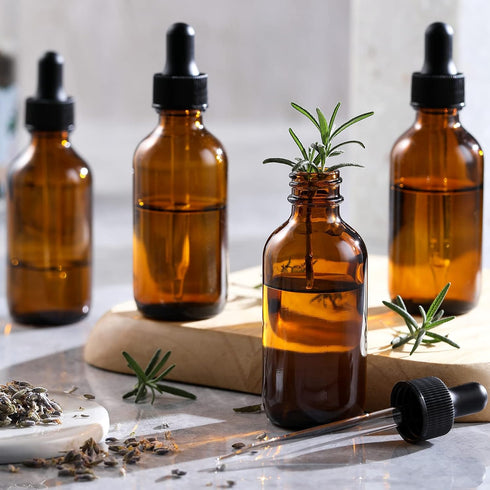 AOZITA Set of 4, 1 oz Eye Dropper Bottles with 1 Stainless Steel Funnels & 4 Labels - 30ml Thick Dark Amber Glass Tincture Bottles - Leakproof Ess...