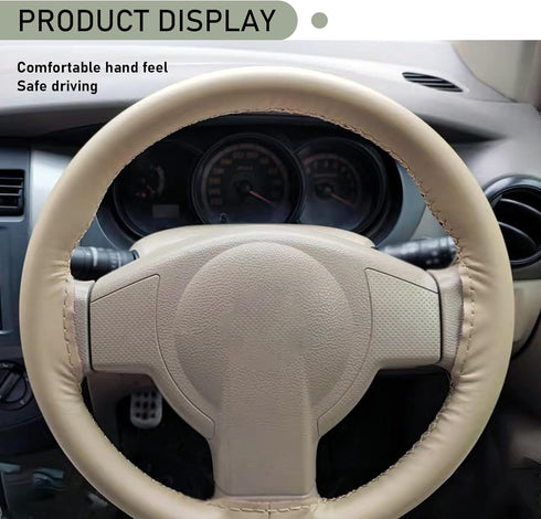 1 PC Car Steering Wheel Cover with 2 PCS Sewing Tool, 14.9In Durable Waterproof Leather Steering Wheel Protector, Universal Breathable Elastic Ste...