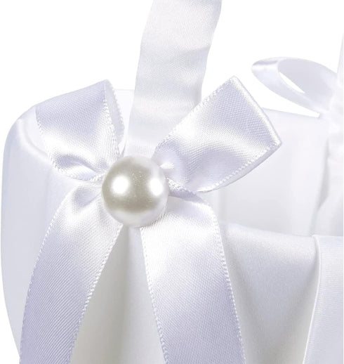 White Flower Girl Basket with Satin Bowknot & Pearl Design 8 x 5.2 x 6 Inch, Flower Petal Basket Ideal for Wedding Party, Elegant Ceremony Accesso...