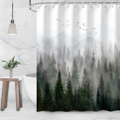 RosieLily Mountain Shower Curtain Misty Forest Tree Foggy Shower Curtain for Bathroom with Hooks Cool Nature Scenery Landscape Bathtub Decor 60 in...
