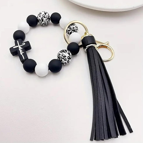Wristlet Bracelet Keychain for Women,Silicone/Wood Cross Leopard Beaded Bracelet with PU Tassel,Clip Key Holder...