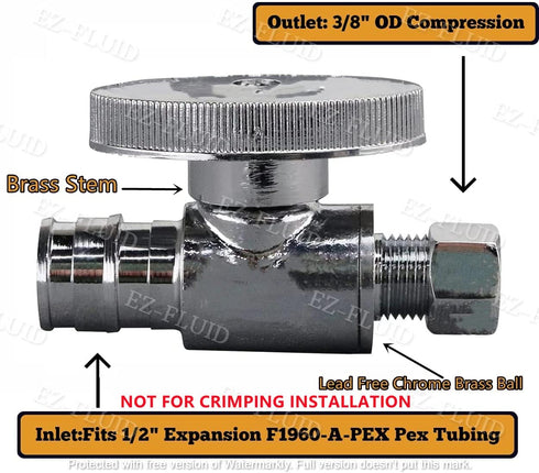 EZ-Fluid Expansion Type Pex Valve 3/8"OD Compression x 1/2"Pex Fittings 1/4Turn LF Brass Straight Stop Valve Water ShutOff Ball Valve,Fits Pex F19...