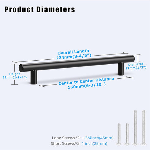 KNOBWELL 5 Pack 6-3/10 Inch Matte Black Kitchen Cabinet Handles Cabinet Pulls, Round T Bar Cupboard Handles Dresser Pulls, Bathroom Cabinet Handle...