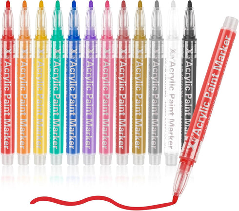 Acrylic Paint Pens Paint Markers - 12 Pack Acrylic Paint Markers For Rock Painting Wood Canvas Glass Ceramic Plastic Metal and Stone,For DIY Craft...