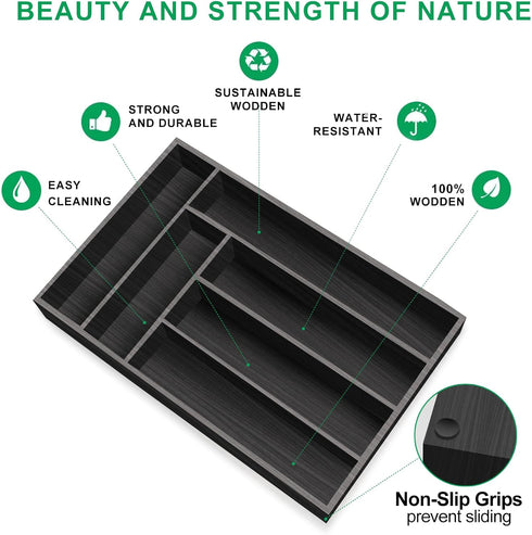 Ayiaren Kitchen Wood Utensil Tray Drawer Organizer, Wooden Cutlery Tray Silverware Drawer Divider 14.6"x9.5" Flatware Organizer Black Bamboo Silve...