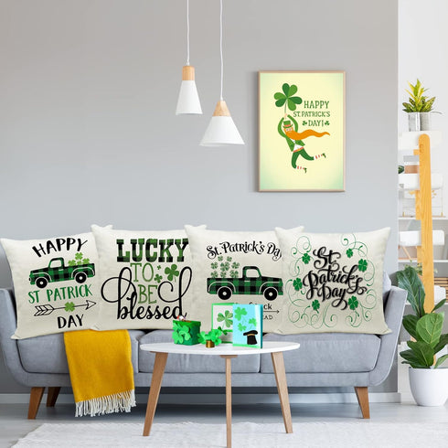 Ueerdand St Patrick's Day Pillow Covers Set of 4 18x18 Inch Shamrock Happy St Patrick's Day Decorations Green Clover Buffalo Plaid Lucky Truck Dec...
