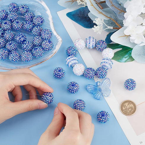 SUNNYCLUE 1 Box 40Pcs Blue 20mm Rhinestone Beads Bulk Pens Beads Round Disco Crystal Pave Loose Spacer Christmas Resin Focal Beads for Beading Pen...