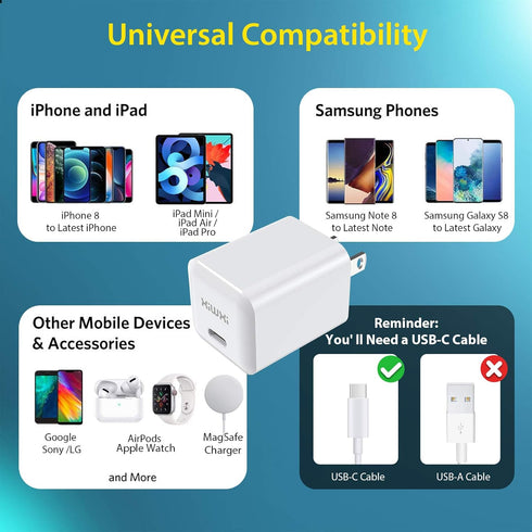 xiwxi USB C Power Adapter, 20W Fast PD Phone Charger Wall Charger Compatible with iPhone 14/14 Plus/14 Pro/14 Pro Max/13 Pro/13 Pro Max/iPhone 12/...