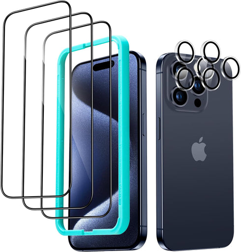 ESR 3+2 Pack for iPhone 15 Pro Screen Protector, 3 Black Edge Tempered-Glass Film and 2 Set Camera Lens Protector, 2.5D Curved Edges, Full-Coverag...