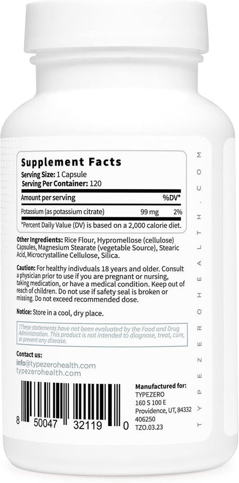 Type Zero Potassium Citrate (99mg, 120 Capsules) - Gluten Free, Non-GMO...