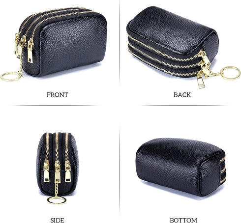 3 Zippered Genuine Leather Coin Purse Triple Capacity Change Pouch Little Travel Wallet With Key Ring for Women...