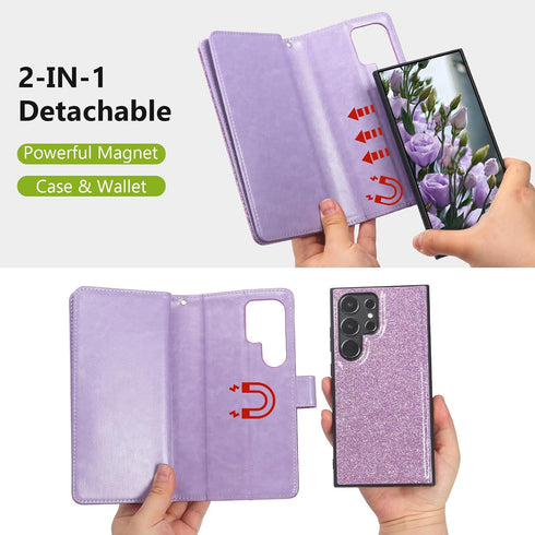 Varikke for Galaxy S22 Ultra Wallet Case Detachable with Card Holder for Women, Glitter Leather Strap Magnetic Flip Wallet Removable Phone Case Co...