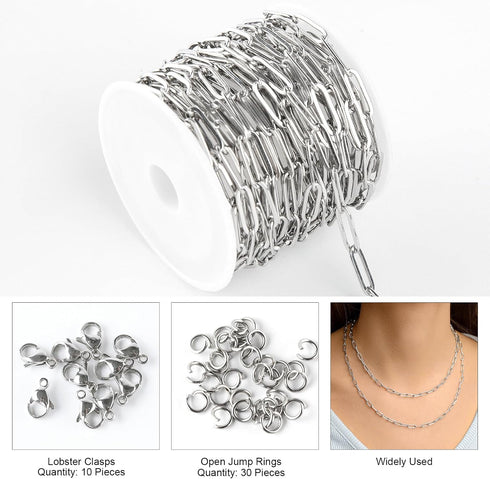 Kyutong 5 Meters Stainless Steel Jewelry Making Chain Roll Silver Necklace Chains Spool Paperclip Link Bulk Chains for DIY Craft Bracelet Ankle Fi...
