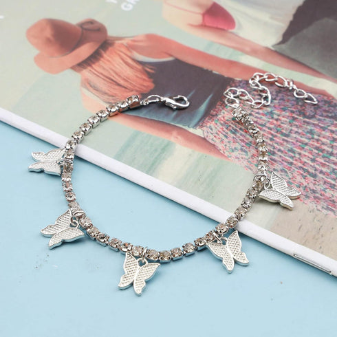 Boho Crystal Butterfly Anklet Bracelet Butterfly Tassel Anklet Chain Silver Cz Butterfly Ankle bracelet Rhinestone Tennis Chain Ankle Foot Chain J...