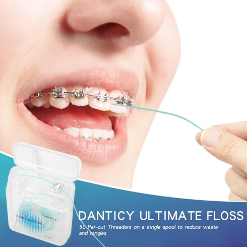 840D Fluffy Floss Threaders,Deep Clean Dental Floss for Braces, Bridges, and Implants,Super Floss Pre-Cut Strands and Mint Aroma,50 Threaders(1Pac...
