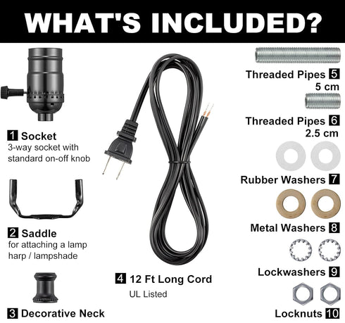 Lamp Rewire Kit, 12 Foot Matching Cord, 3 Way Socket and Essential Hardware, Table and Floor Lamps Socket Replacement, Rewire and Repair, DIY Ligh...