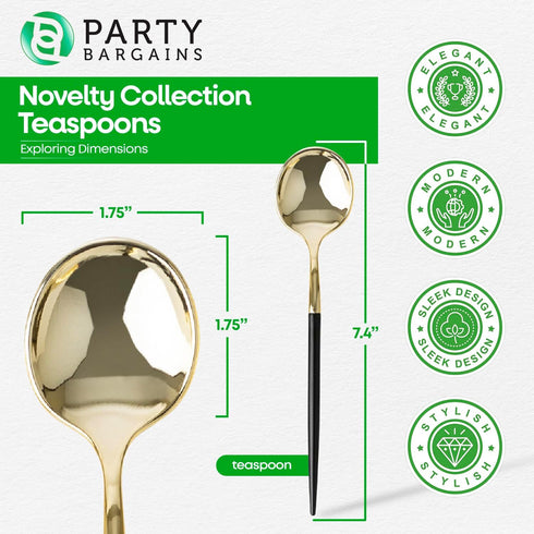 Party Bargains Disposable Plastic Teaspoon Flatware Utensils, 32 Pack, Black/Gold, Novelty Modern Design Kitchen Silverware Cutlery for Household ...