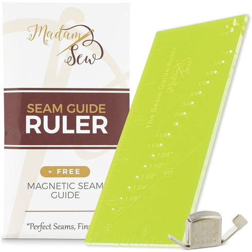 Madam Sew Seam Allowance Ruler and Magnetic Seam Guide for Sewing Machine | Perforated Seam Gauge for Perfect 1/8” to 2” Straight Line Hems | Incl...
