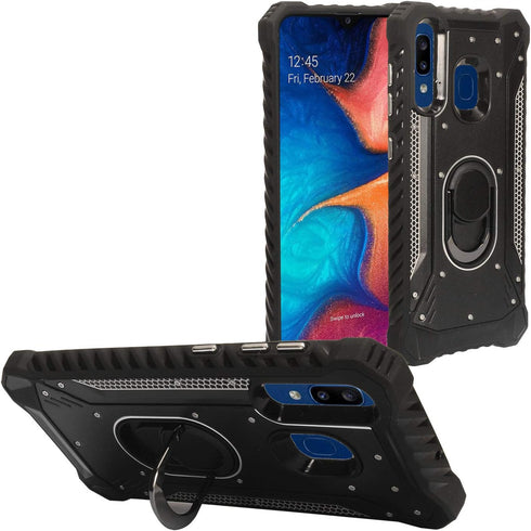 Compatible with Samsung Galaxy A20, Galaxy A50 - Aluminum Metal Hybrid Ring Stand Phone Case - ZY0 Black...
