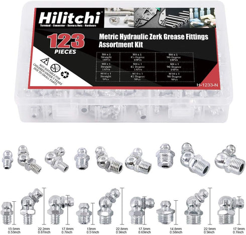 Hilitchi 123Pcs Metric Hydraulic Zerk Grease Fittings Assortment Kit (Metric)...