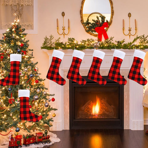 DERAYEE 6 Pack Christmas Stockings Bulk, 18 Inch Large Red Black Buffalo Plaid Fireplace Hanging Stockings for Family Holiday Xmas Party Decoratio...