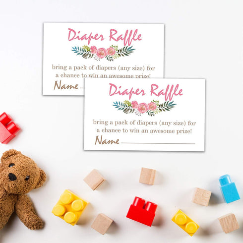 Pink Flowers Diaper Raffle Tickets for Baby Shower Invitation Inserts - 50 Baby Shower Game Cards....